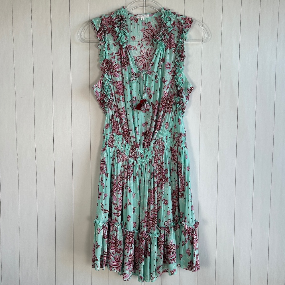 Poupette St Barth size M Triny mini dress aqua pink floral tasseled viscose boho